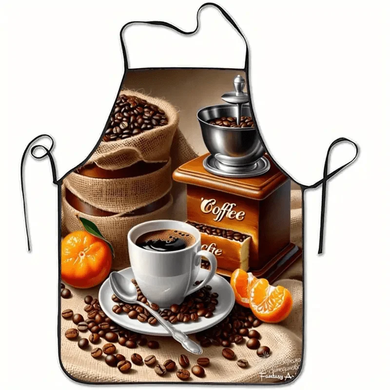 An apron with a coffee cup pattern, which is very suitable f