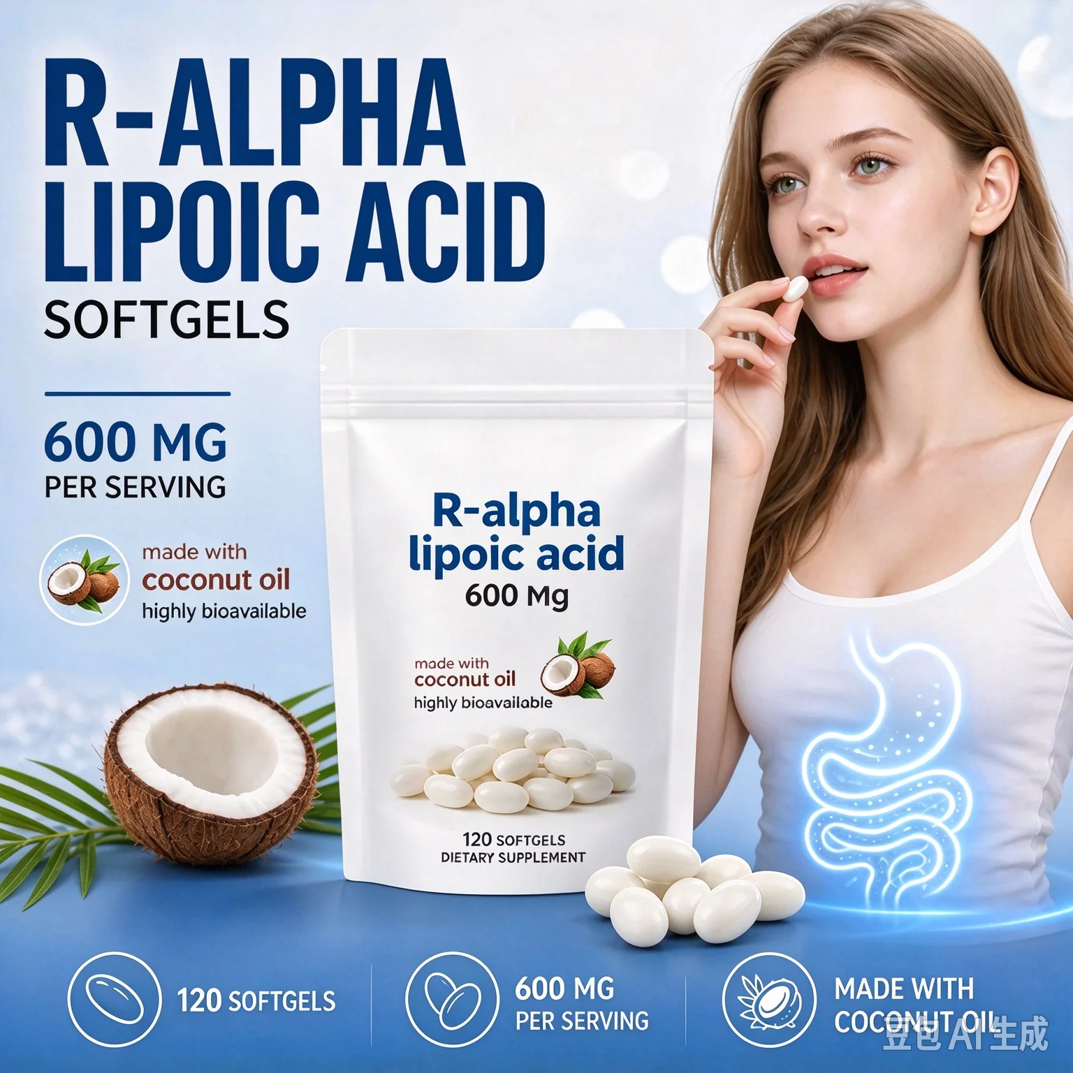 R-Alpha Lipoic Acid Softgels 600 mg Per Serving 120 Count Made with Coconut Oil Convenient Daily Wellness Nutritional Support