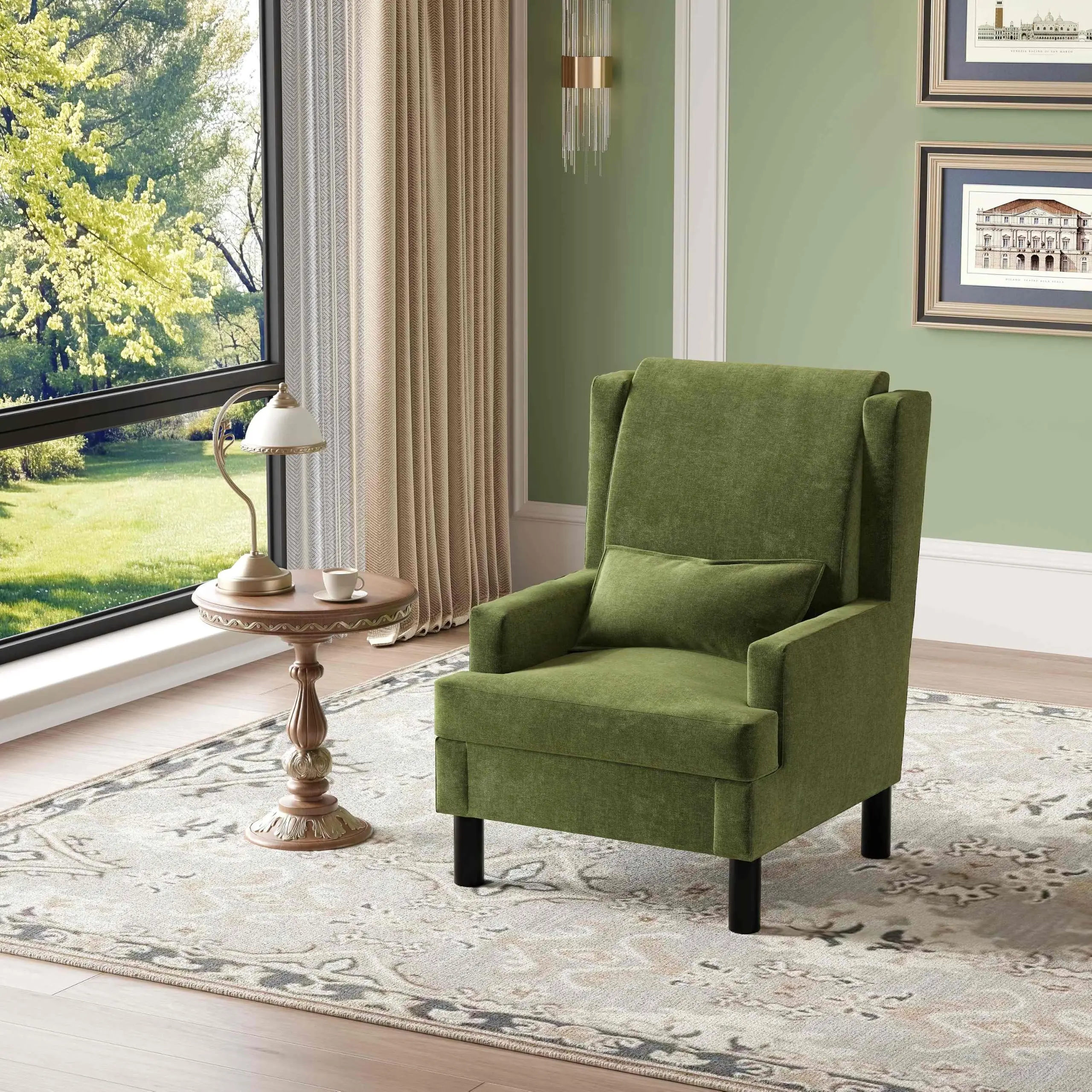 Mid Century Modern Wingback Accent Chair, Upholstered Chenille Reading Armchair With Lumbar Pillow, High Back, Wood Legs For Living Room