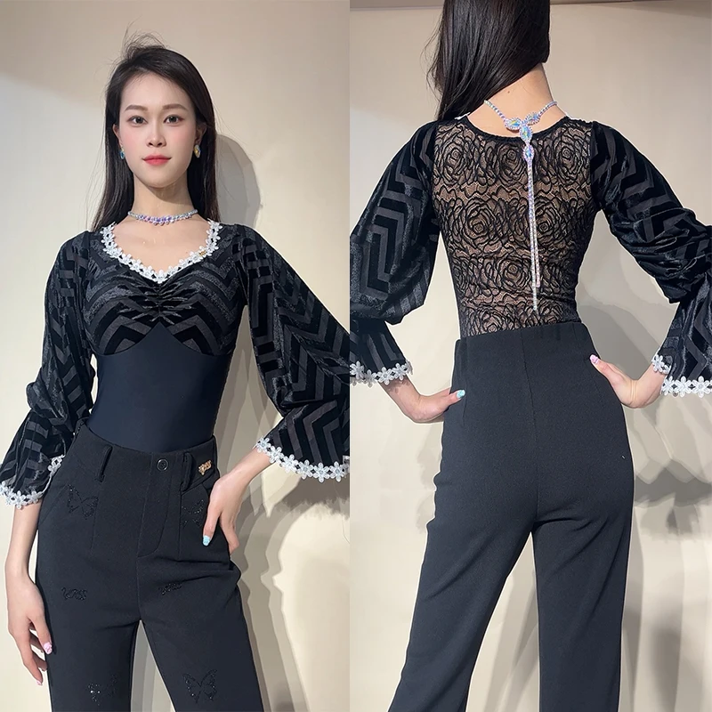 

New Women Ballroom Dance Clothes Latin Dance Tops Lace Back Black Leotard Waltz Practice Clothing Salsa Performance Tops BL15764