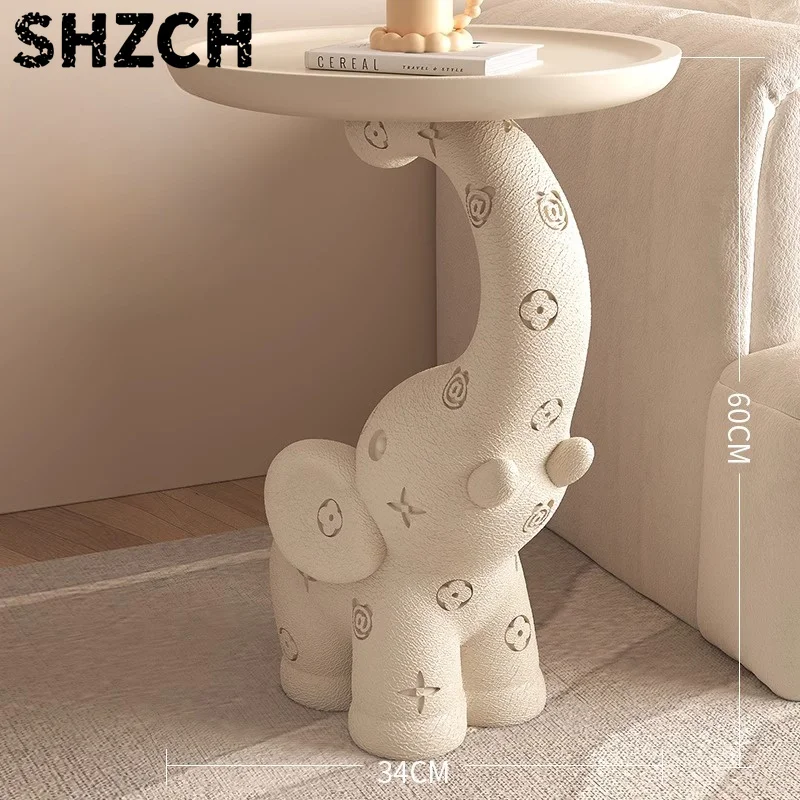 Mesa auxiliar de elefante de cuero color crema, estante de almacenamiento abierto moderno y elegante, decoración para dormitorio