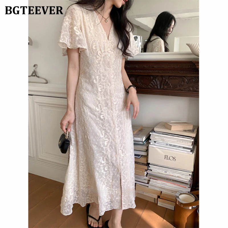 

BGTEEVER Elegant V-neck Slim Waist Female Mid-Length Lace Dress Summer Vintage Short Sleeve Women Single-breasted A-line Dress