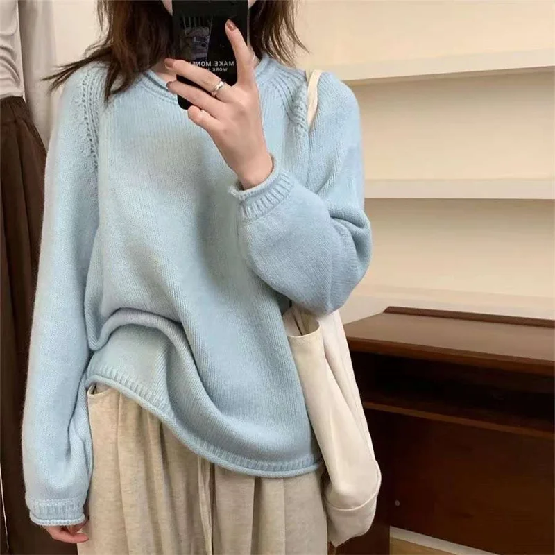 

Вязаный свитер для женщин, однотонный повседневный базовый свитер в корейском стиле, синий, фиолетовый, хаки, красный, розовый, весна-осень