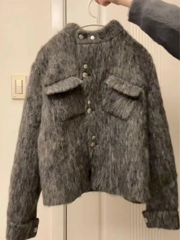 회색 두꺼운 울 코트 여성용 가을 겨울 신상 한국 고급스러운 느낌 트위드 재킷 트렌디 버튼업 긴팔