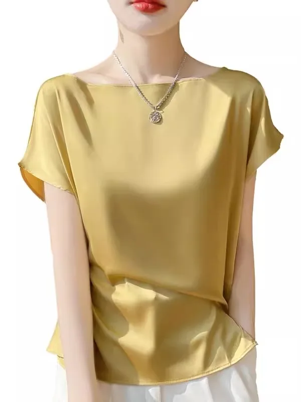 Faionable Acetato Raso di seta Allentato ort Sve Top monospalla per donna Ele Colore puro Estate Nuovo Sle Versatile Top