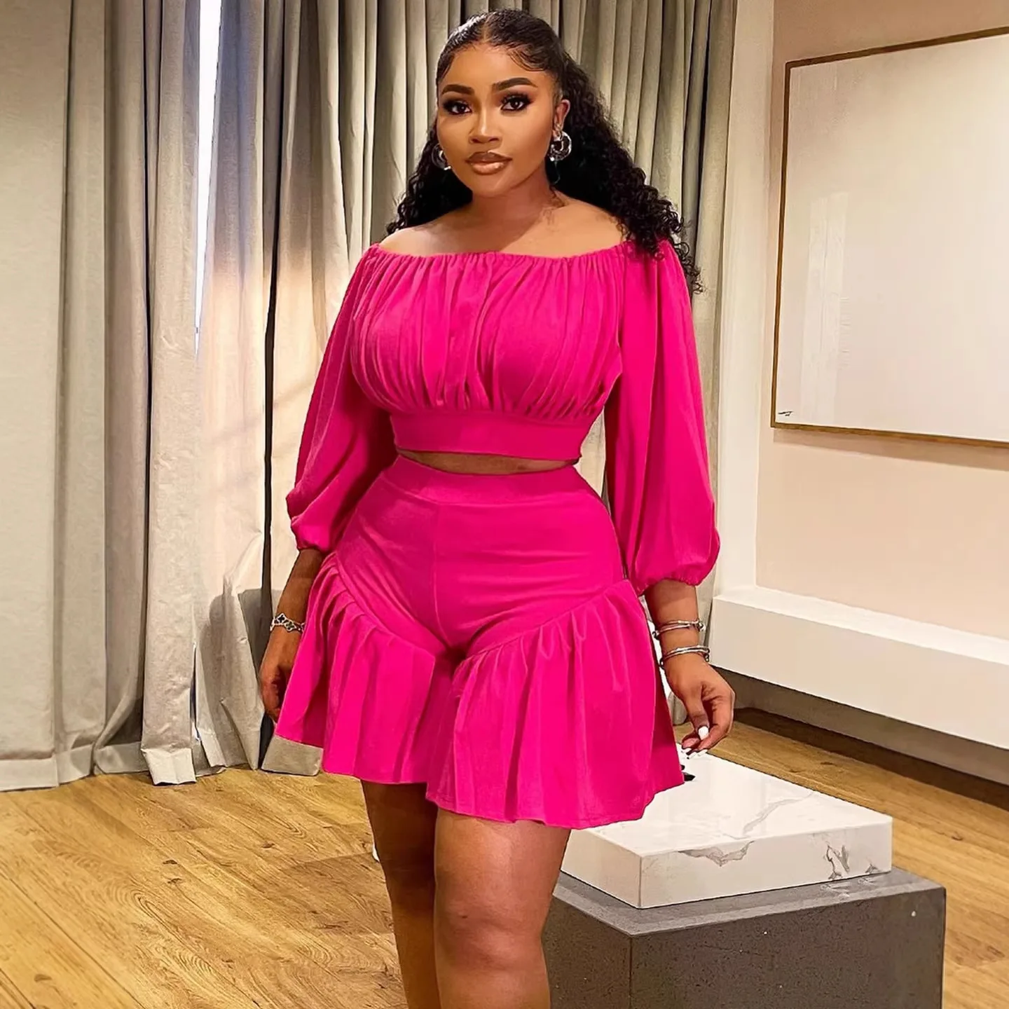 

2026 new pleated one-word collar fluffy and fattened plus size fat mm fashionable suit