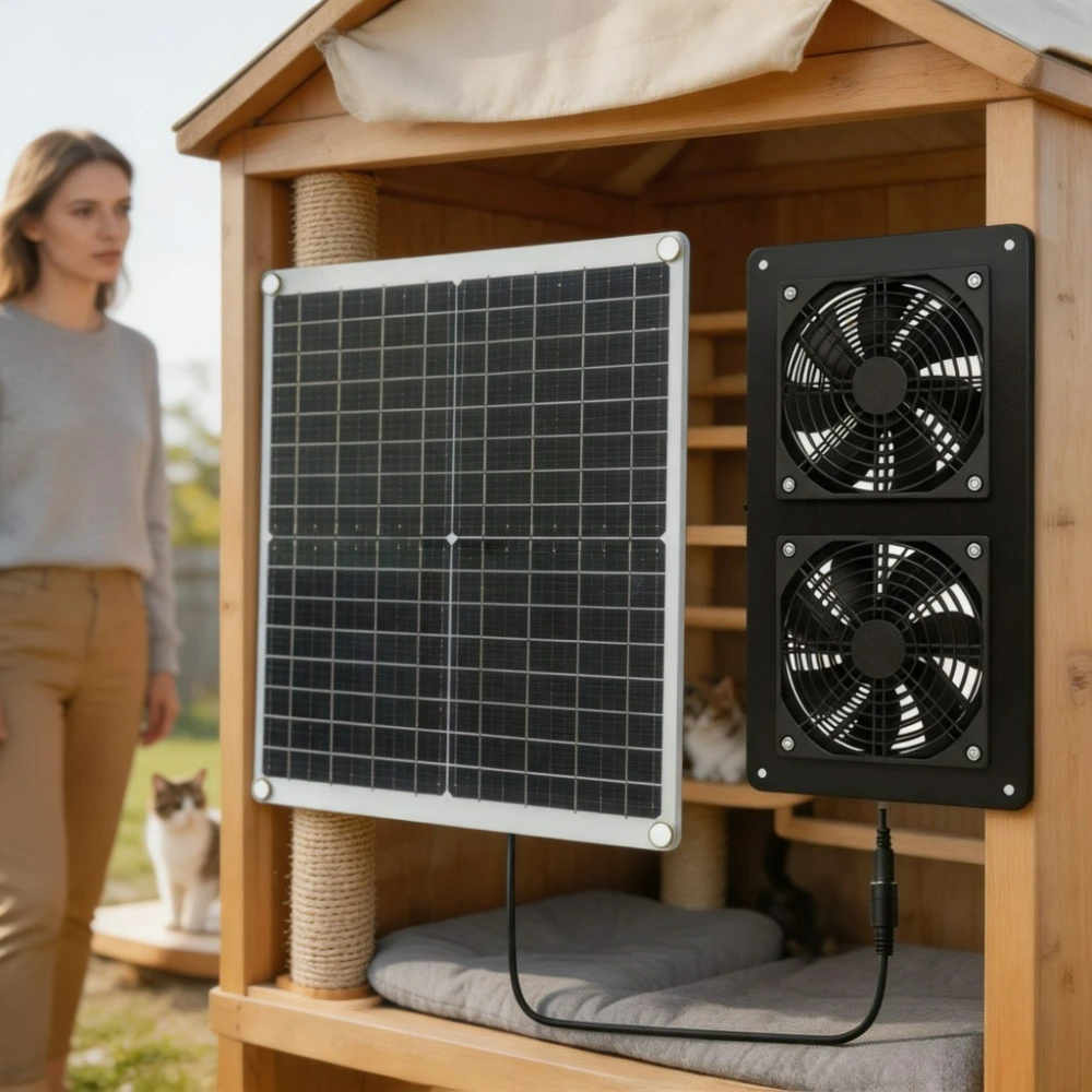 Solar Driven Free Standing IP65 Dual Exhaust Cooling Fan 20W 30W Monocrystalline Panel RV Greenhouse Chicken Coop Pet Hutch