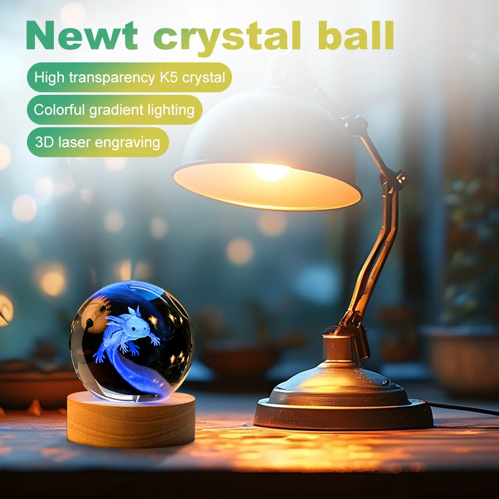 3D Axolotl Laser Engraved Crystal Ball Lamp USB Rechargeable Colorful Night Lamp Home Decorations Night Light for Birthday Gifts