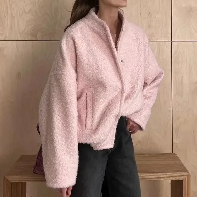 

Tuularose Autumn Fur Jacket Women's Pink Loose Fashion Long Sleeve Thickened Coat Casual Stand Collar Button Warm Jacket Lady