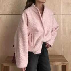 Tuularose Autumn Fur Jacket Women's Pink Loose Fashion Long Sleeve Thickened Coat Casual Stand Collar Button Warm Jacket Lady