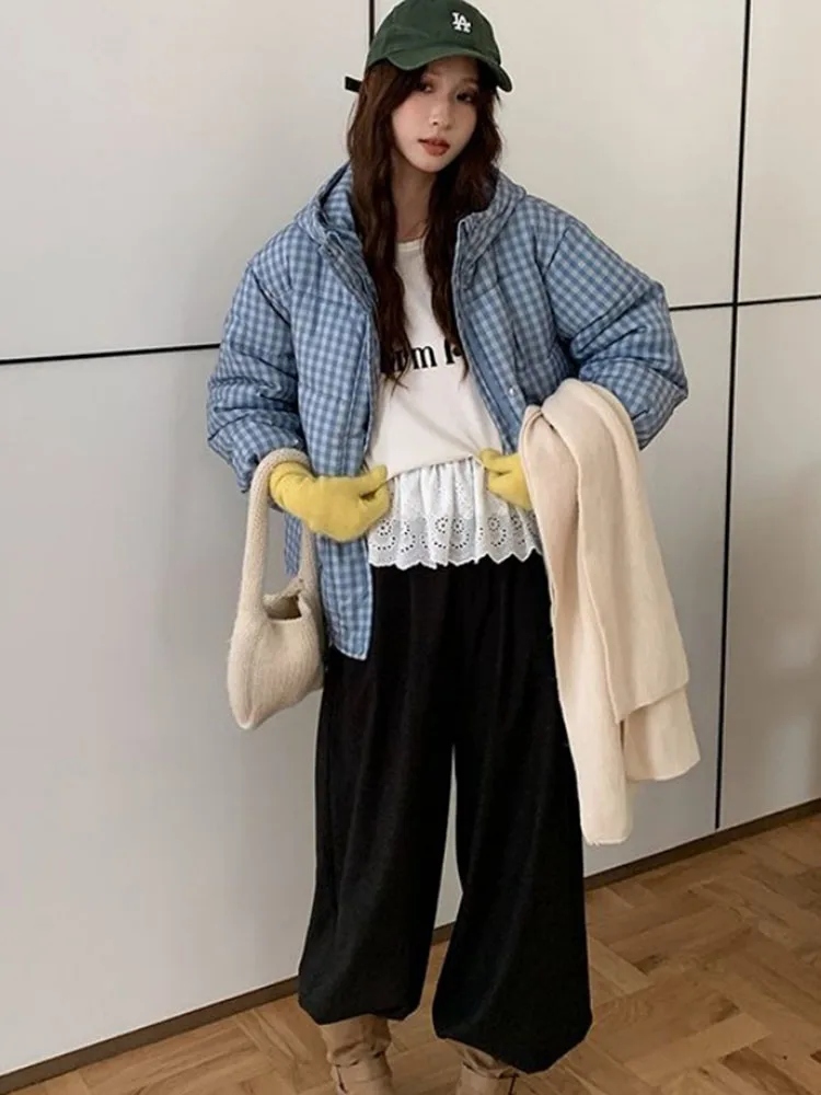 Women Cute Plaid Hooded Short Cotton Padded Coat Lady Blue Sweet Checkered Cotton Padded Jacket Winter Outerwear