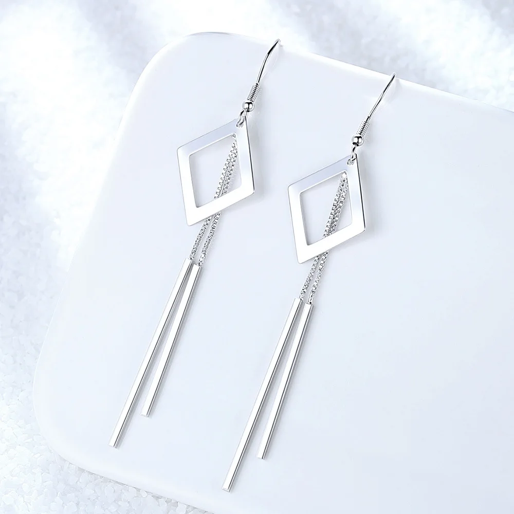 925 Sterling Silver Geometric Square Earrings for Women Long Tassel Bar Hook Earrings Minimalist Dangle Jewelry Wedding Gift