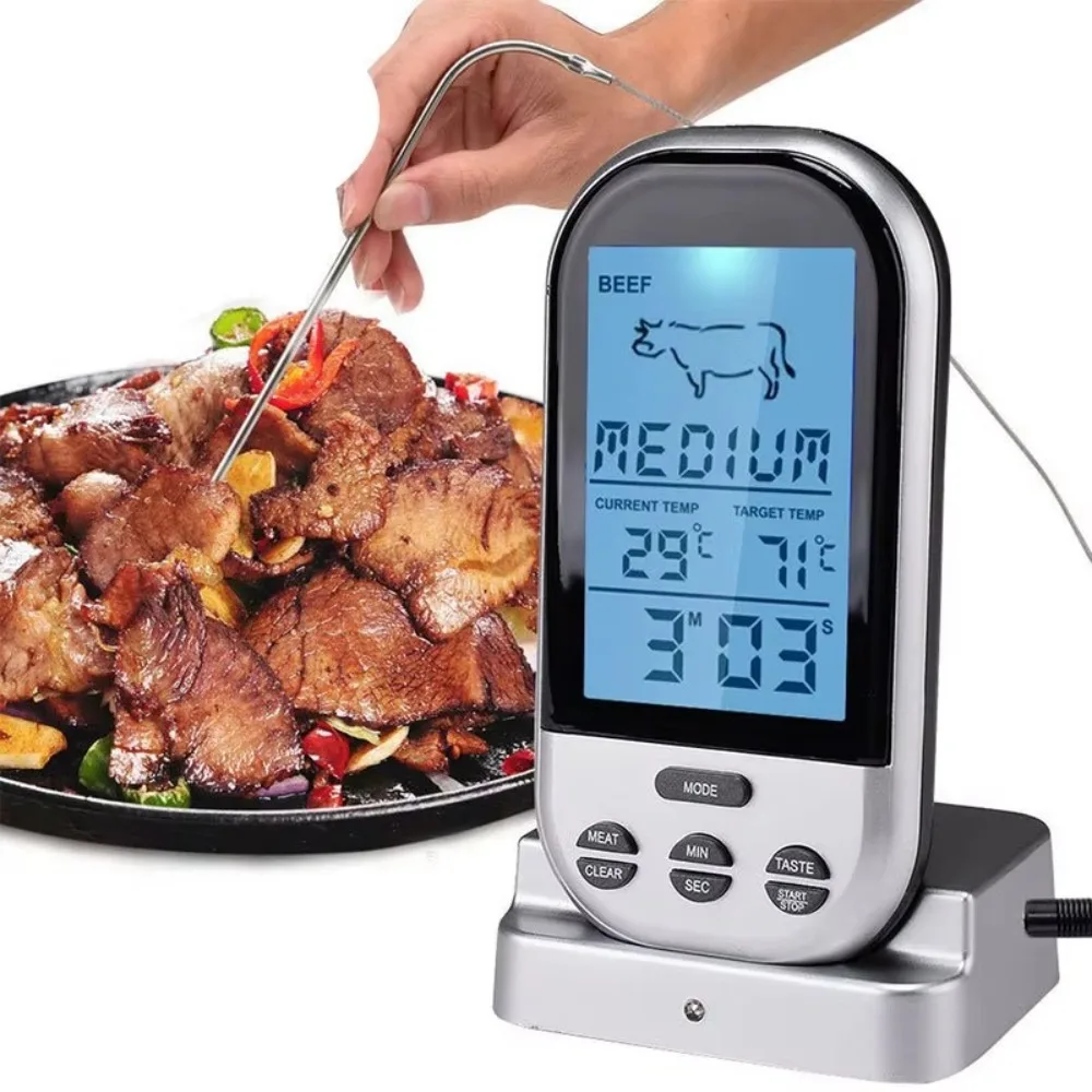 Silver Wireless Digital Meat Thermometer Remote Temperature Control with Timer Alarm Temperature Sensor with Probe