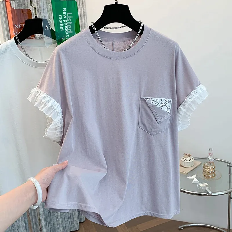 เสื้อยืดไซส์ใหญ่สำหรับฤดูร้อน ตกแต่งด้วยผ้าลูกไม้ ดีไซน์อเนกประสงค์ ผ้าคอตตอนผสม สวมใส่สบาย ทรงกลม สำหรับผู้หญิง