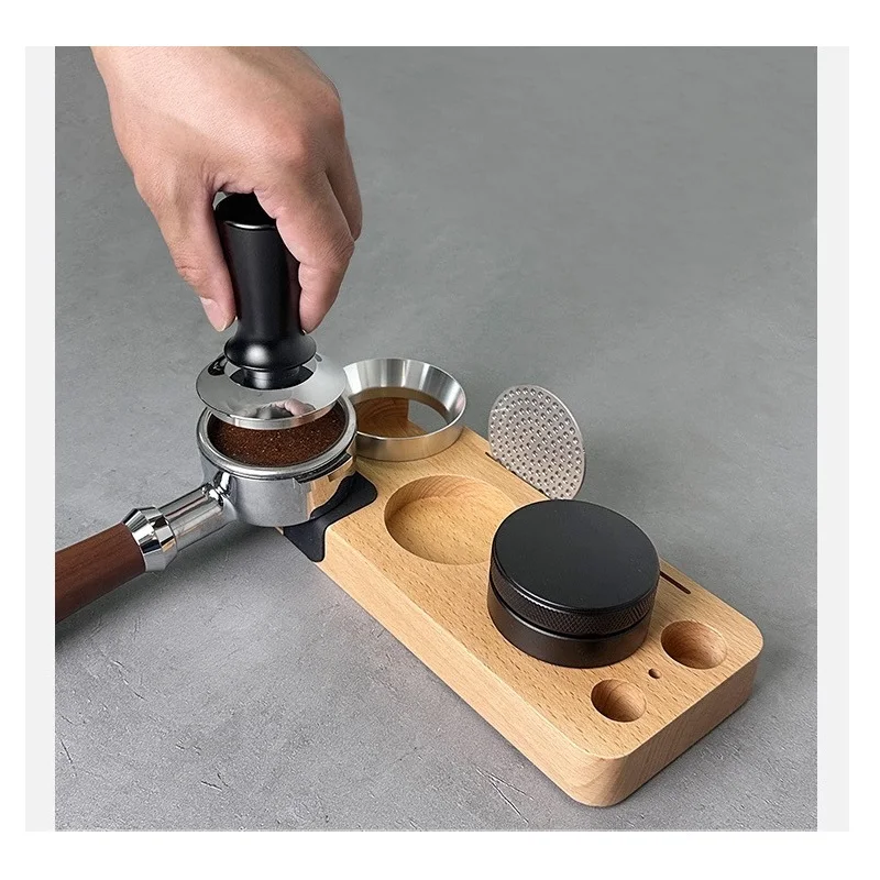 Wooden Espresso Tamper Base with Non-Slip Silicone Integrated Coffee Press Support for 51/54/58mm Portafilters Tamping Station