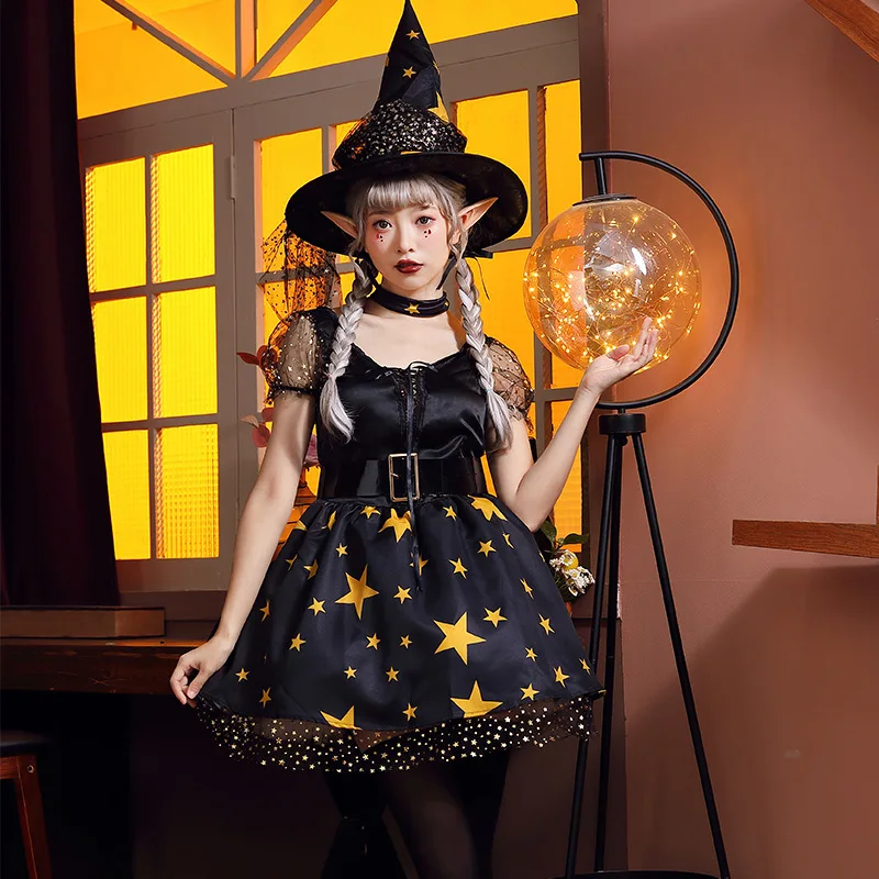 

Witch Print Tulle Puffy Dress Cosplay Magic Role Playing Game Costume Halloween Outfit Women's Traditional Ethnic Stage Clothing