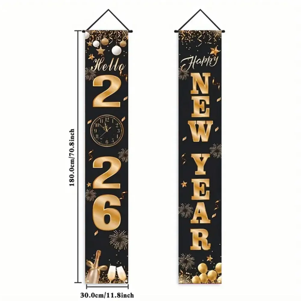 2026 Happy New Year Decorations Black Gold Hanging Door Banner Couplet Photography Backdrop Family Party Prop New Year 2026 Gift - Image 5