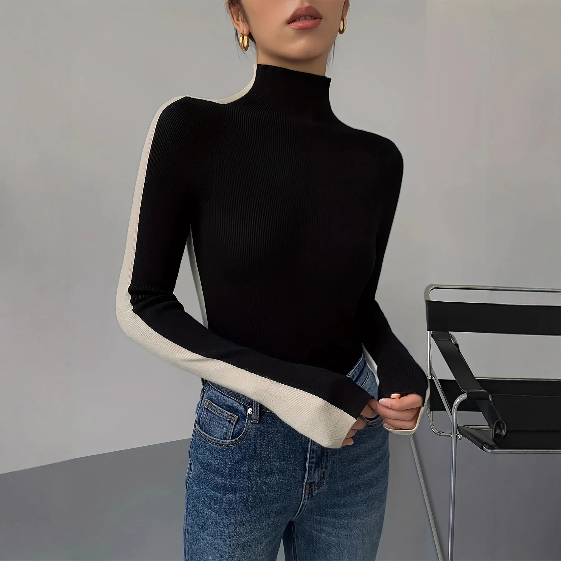 Autumn And Winter Small Stand-up Collar Knitted New Versatile Long-sleeved Slim-fit Can Be Worn Twice On The Front And Back