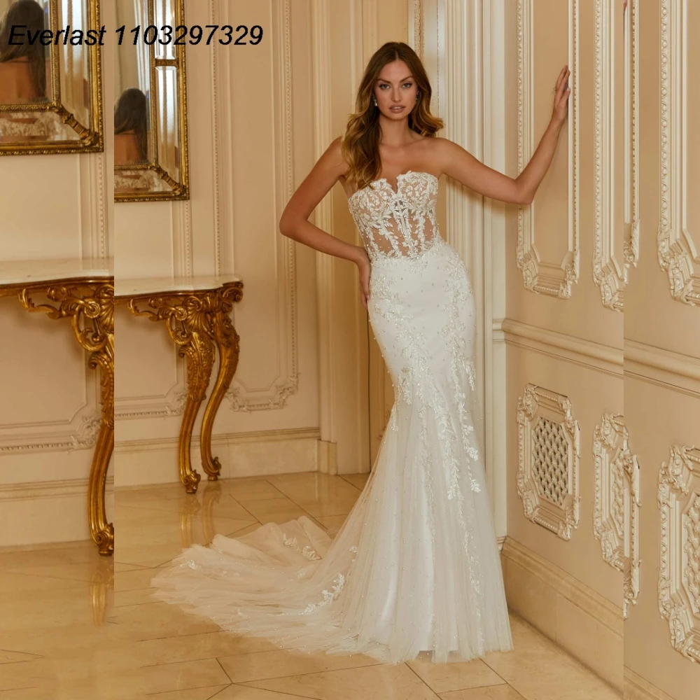 

EVLAST Customized Sweetheart Mermaid Wedding Dress Strapless Lace Applique Beaded Sequins Bridal Gown Vestido De Novia TMD22