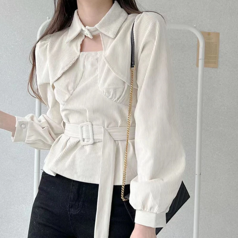 Blouses Women Elegantes Solid Fashion Blusas Tops with Belt Ladies Streetwear Korean Style Casual Charming Vintage Long Sleeve