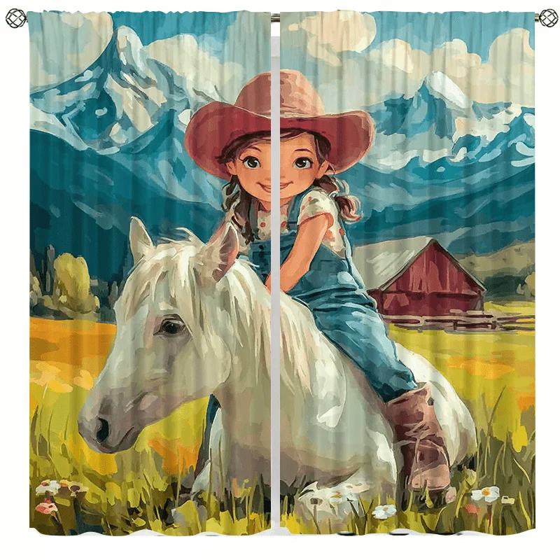 horseback riding girl curtains for the ranch are installed using pocket rods and are suitable living rooms balconies decoration