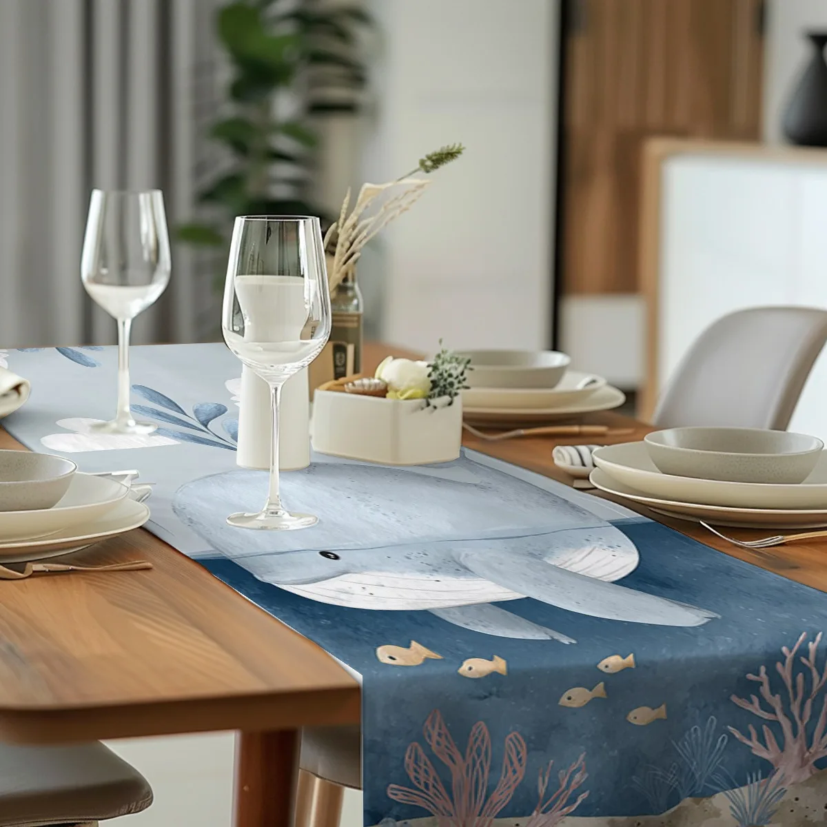 print table runner Ocean Whale & Botanical Watercolor Style Long cloth Party Decor,Tabletop Protection,Dresser Scarf,Decorative