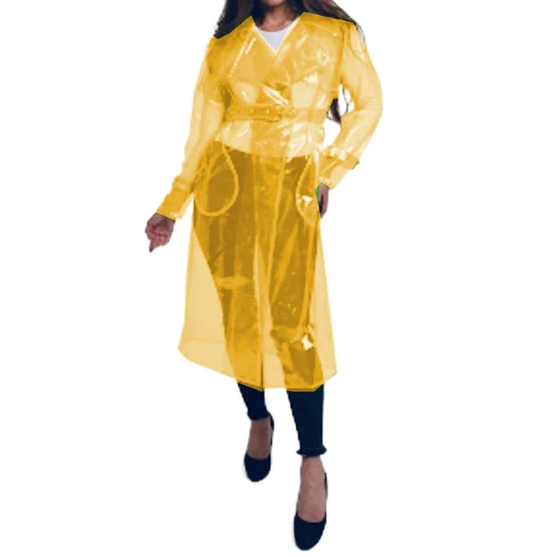 Sexy Lingerie Clear PVC Trench Jacket With Belt Transparent Long Coat Perspective Raincoats Jackets Women Clubwear Party S-7XL