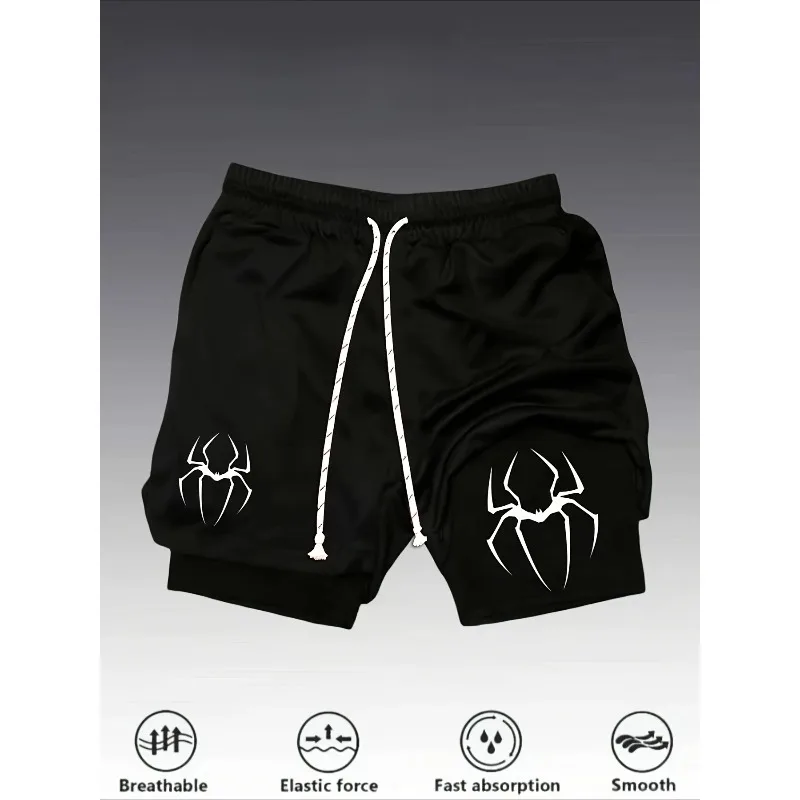 Summer men's multifunctional double-layer casual shorts | Spider fashion print | Men's running sports shorts