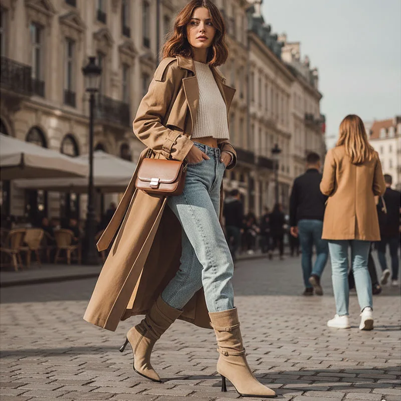 2026 New Trendy Faux Suede Women Boots Elegant Pointed Toe Mid Calf Boots Luxury Brand Design Double Buckle Strap Booties Female