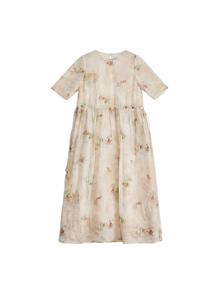 새로운 여성 코튼 린넨 꽃 드레스 얇은 여름 라운드 넥 짧은 소매 높은 허리 인쇄 캐주얼 드레스 N812