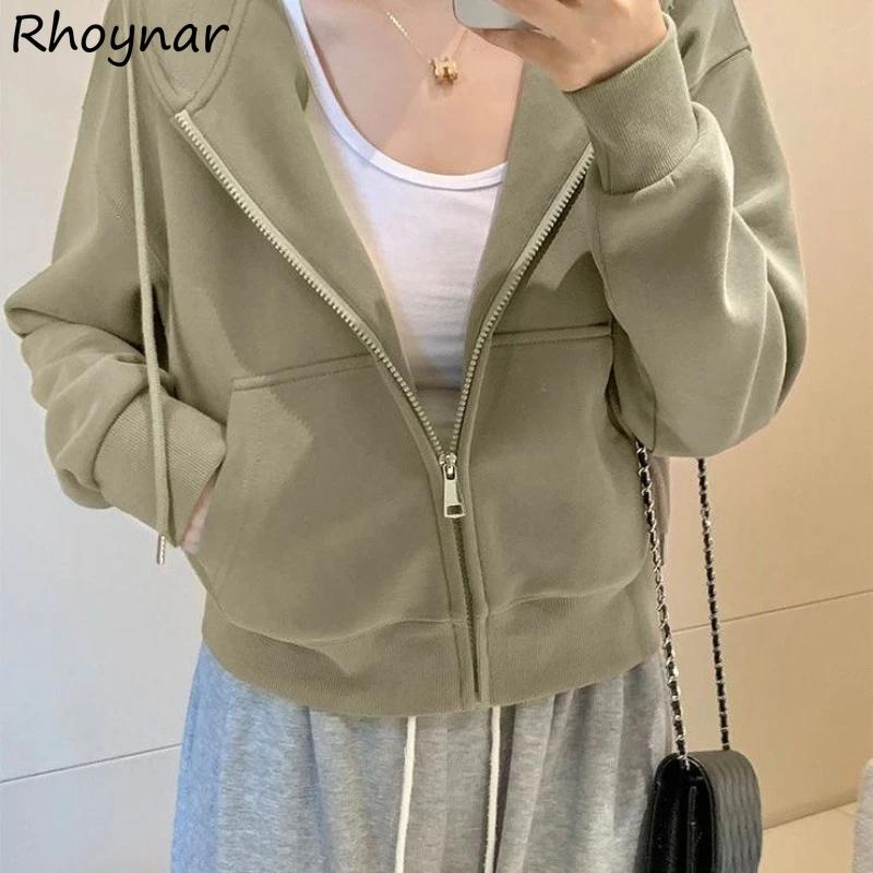 Chic Front Pocket Zip-up Hoodies Women Fashion Solid Simple All-match Hooded Coats Girls Students Youth Soft Warm Overcoats New