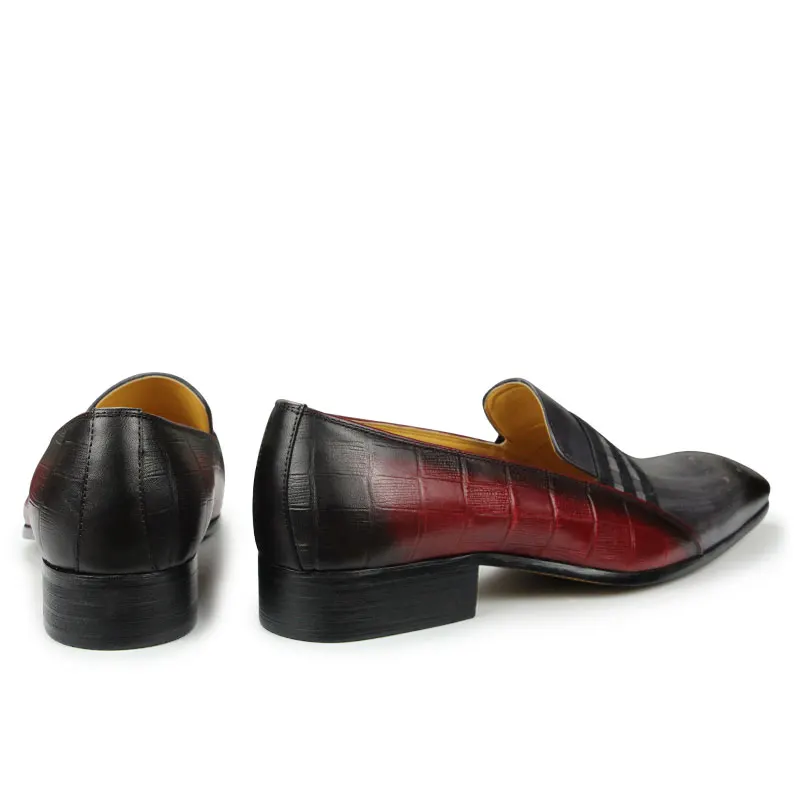 Loafer Men Fashion Cowhide Shoes Casual Gentleman Party Wedding Leather Shoes Gray Red Mixed Striped Elastic Band Footwear