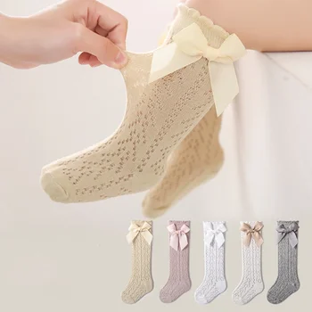 Chaussettes hautes pour bébés filles et garçons, chaussettes longues avec nœud, maille en coton doux, respirantes, ajourées pour enfants de 0 à 3 ans