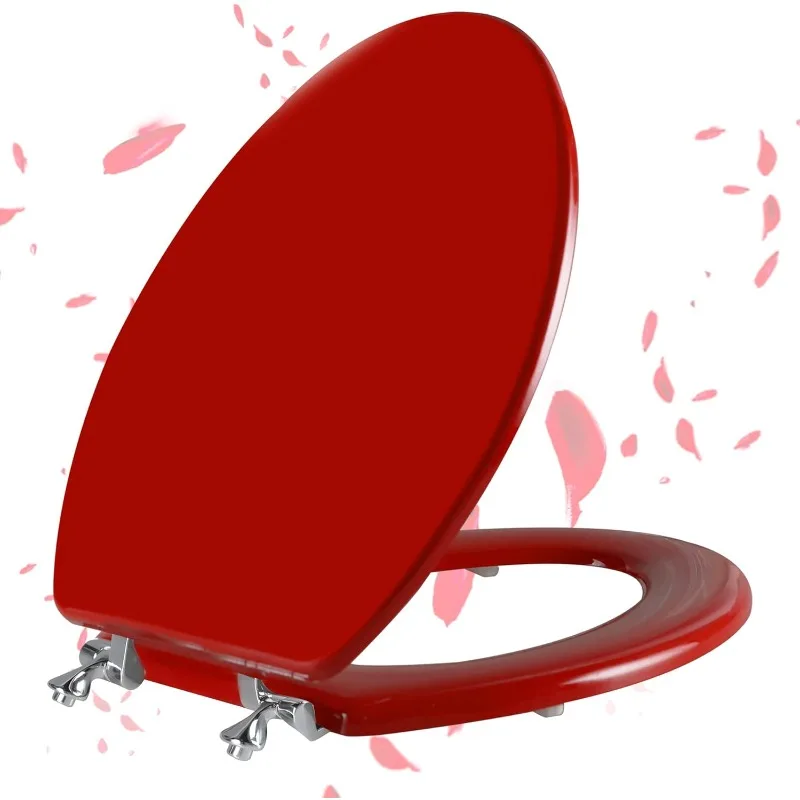 

Red Elongated Toilet Seat Natural Wood Toilet Seat with Zinc Alloy Hinges, Easy to Install also Easy to Clean, Scratch