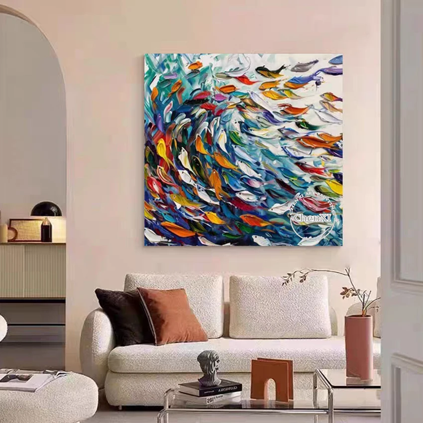 Modern Style Abstract Fish Art Wall Colorful Acrylic Design Textured Paintings Frameless Canvas Artwork Picture Wholesale Cheap