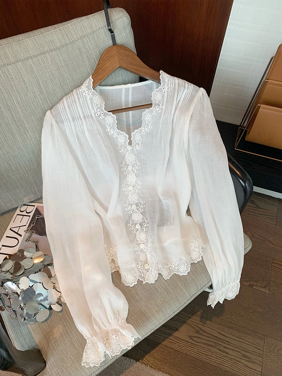 

Sweet Heavyweight Lace Trim Embroidered V-Ne irt Loose Thin Men's Summer Slimming Top Comfortable Korean Sle Long Sve