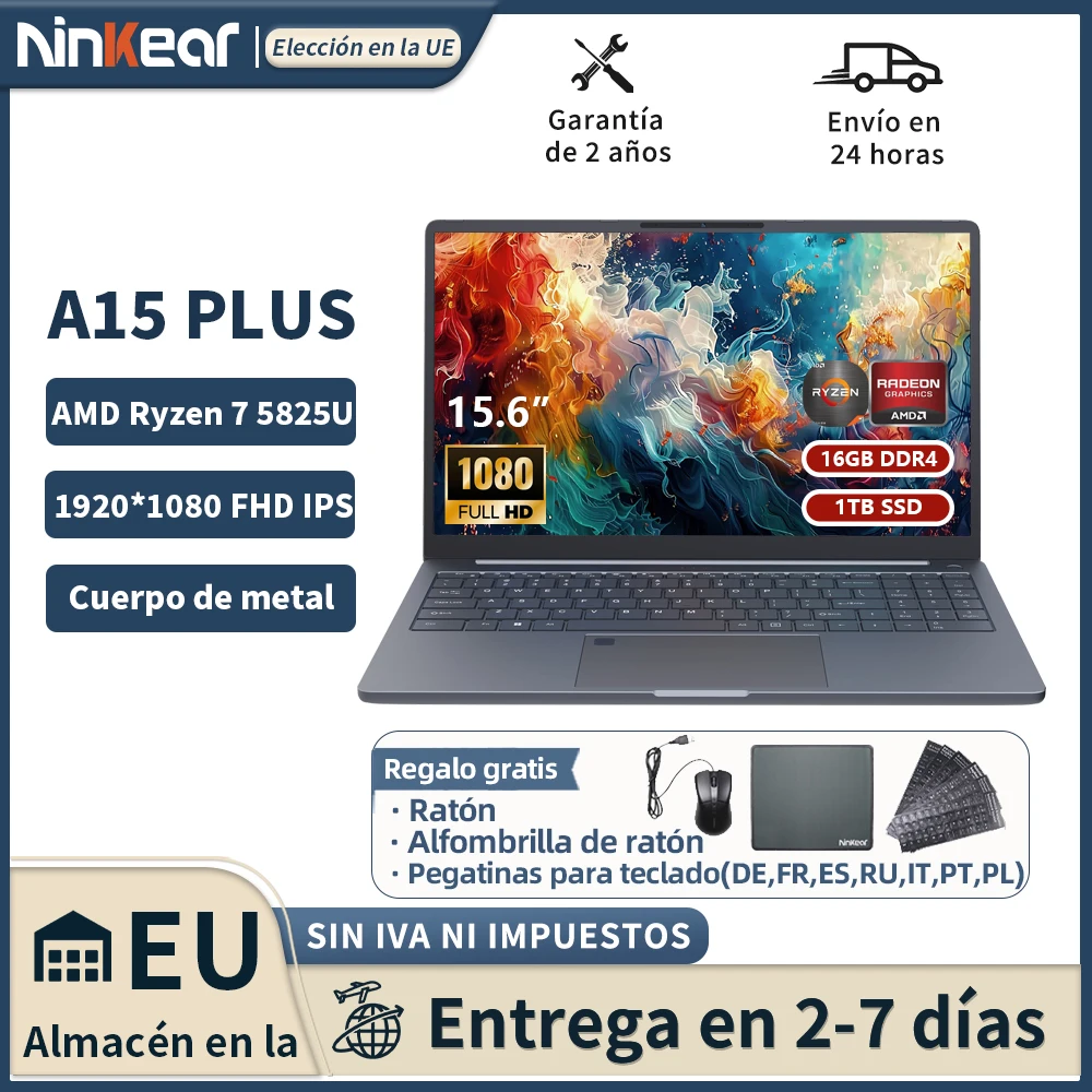 Portátil Ninkear A15 PLUS de 15,6″ IPS FHD con procesador AMD Ryzen 7 5700U/5825U, 16 GB de RAM y 1 TB de SSD, Wi-Fi 6, Windows 11 Pro, para oficina