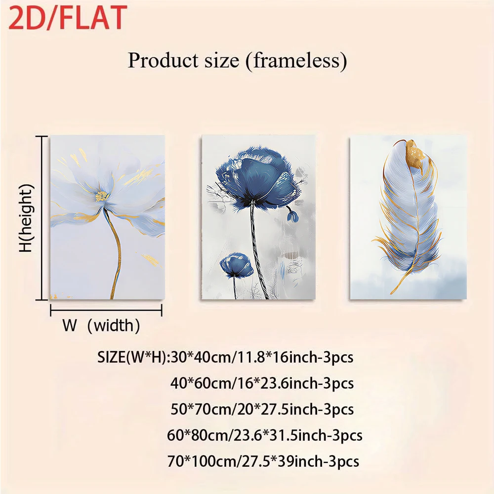 3PCS Large-sized frameless canvas paintings,1 set of modern minimalist blue floral and feather triptych frameless paintings, liv