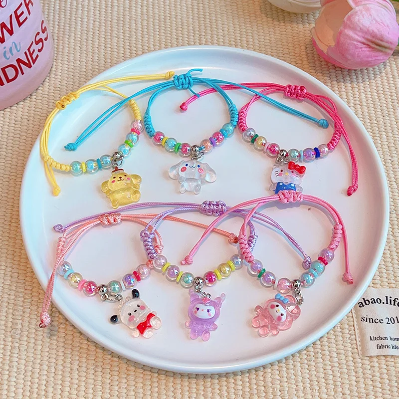 

6Pcs Creative Hello Kitty Braided Beaded Bracelet, Kawaii Sanrio Anime Hand Rope, Girls Fashion Jewelry Children's Holiday Gifts
