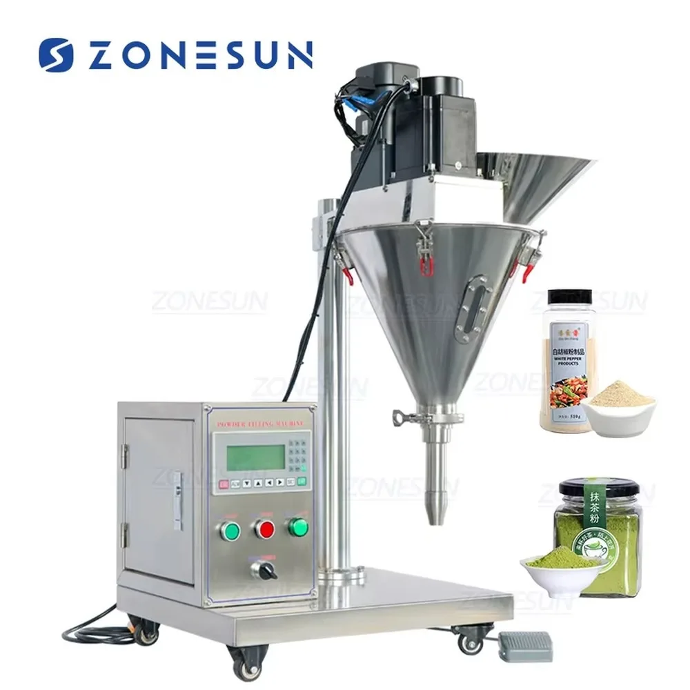 ZONESUN ZS-FM100S Semi-automatic Table Top Powder Filling Machine for Small Jar Bottle Cosmetic Spices Screw Filler