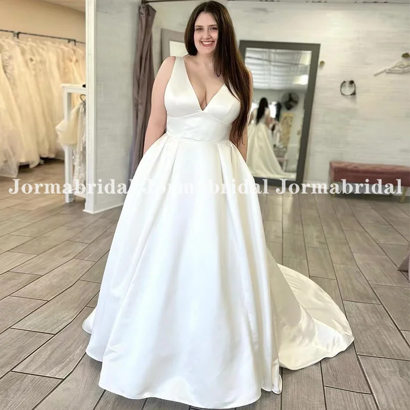 Plunging V-neck Satin Plus Size Wedding Dress with Pockets Double Straps Formal Bridal Gown Open Back Long Train Covered Buttons