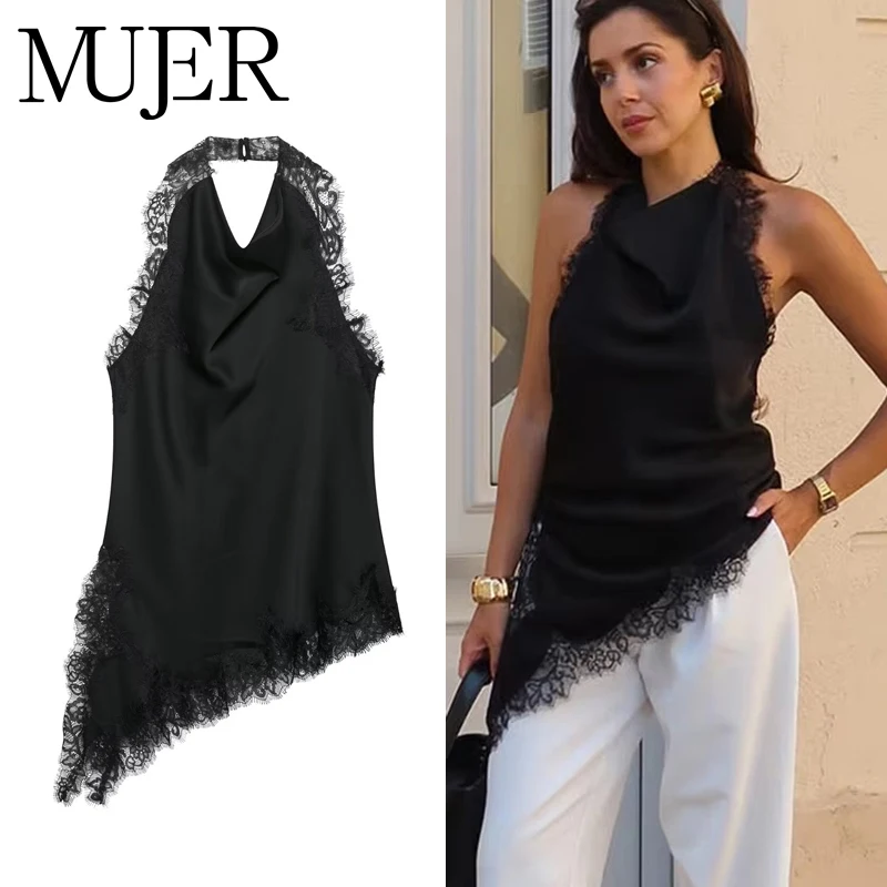

MUJER Black Lace Tops for Women Asymmetric Halter Women's Tops Sexy Backless Satin Top Woman off Shoulder Camisole Top Female