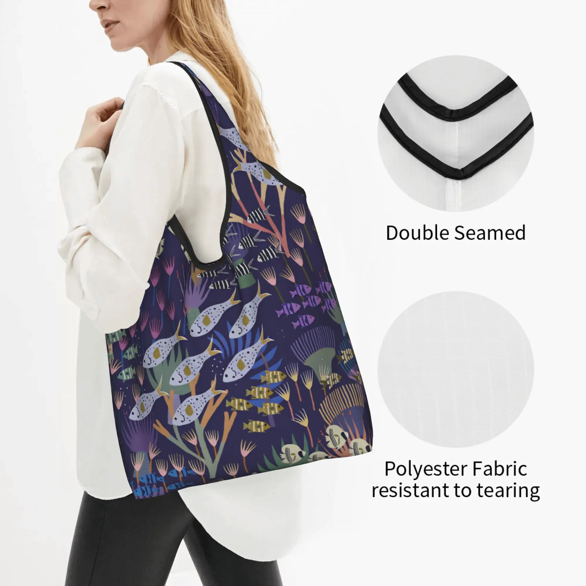 Recycling Underwater World Coral Tropical Fish  Shopping Bag Women Tote Bag Portable Seaweed Marine Life Grocery Shopper Bags