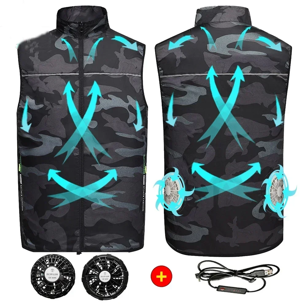 Hot Summer Ice Vest With Fan Air Conditioner Clothes For Men Sport USB Rechargeable Cooling Vest Camping Fishing Jacket Workwear