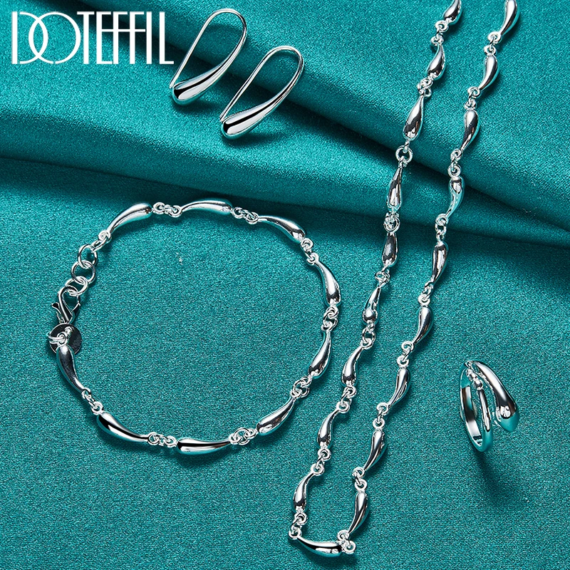 DOTEFFIL 4pcs 925 Sterling Silver Water Drops Chain Necklace Earring Bracelet Ring Set For Women Wedding Jewelry