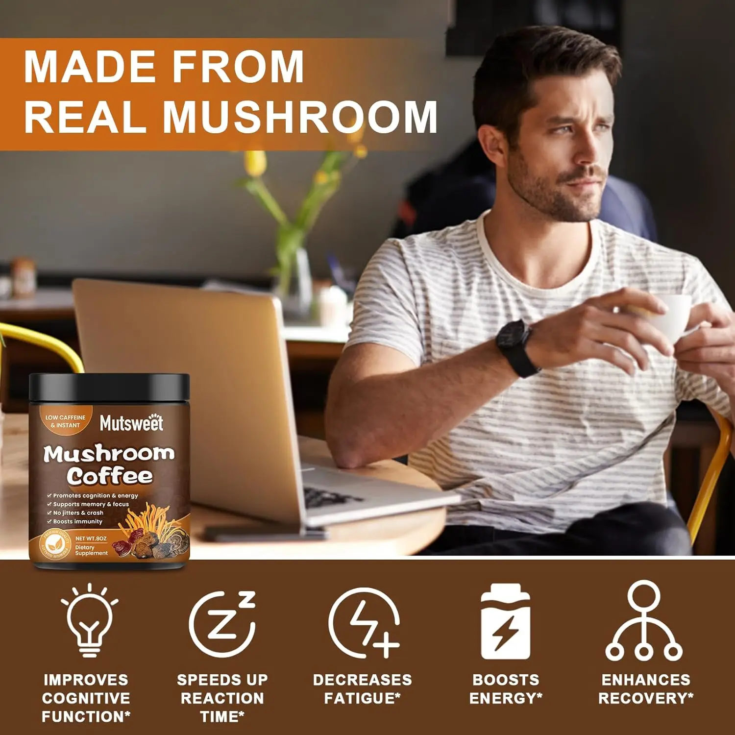 Mutsweet Mushroom Coffee Supplement Supplement with Reishi Mental Clarity And Concentration Support-Brain Booster