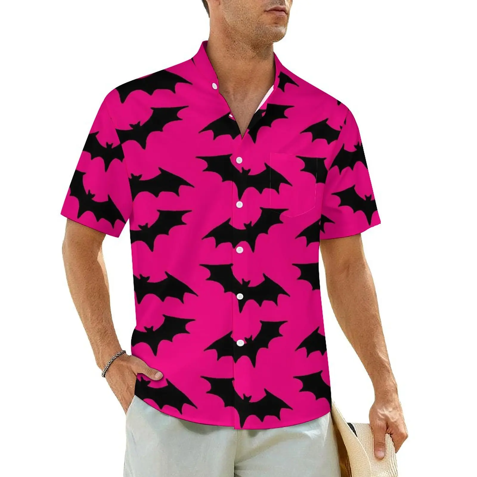 

Bat Print Hawaii Shirt For Male Beach Pink and Black Casual Shirts Short-Sleeve Harajuku Custom Novelty Plus Size Blouses