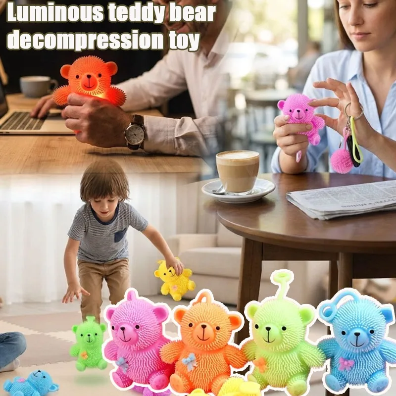 12-24PCS Squeeze Toy Glow Bear Stress Relief Ball Elastic Fuzzy Plush Squishy Toy for Kids Adults Party Home Office Novelty Gift