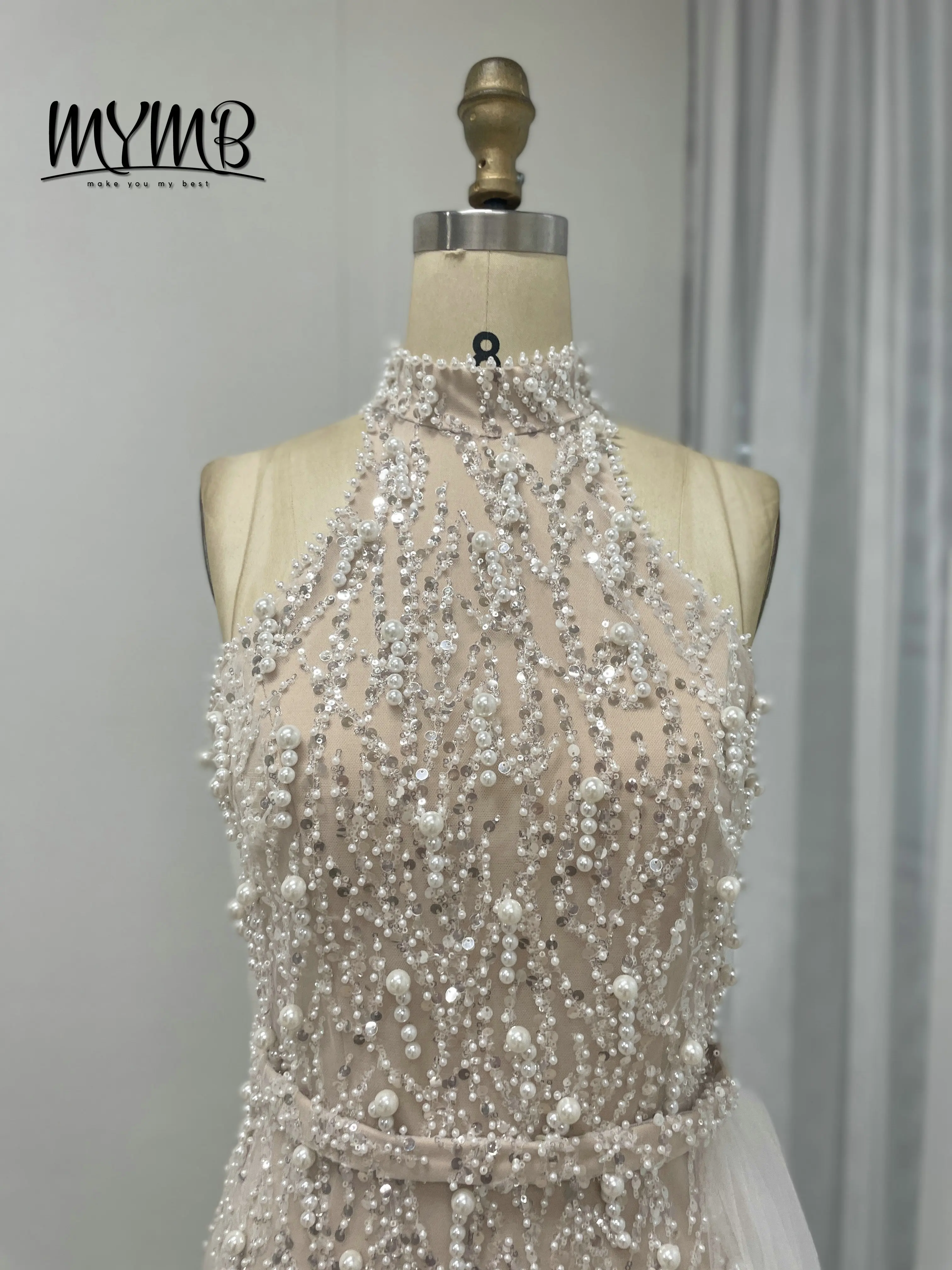 MYMB Sexy Halter Neck Sleeveless Beaded Evening Couture Dresses for Wedding Party Arabic Mermaid Formal Gown With Gloves MY30107