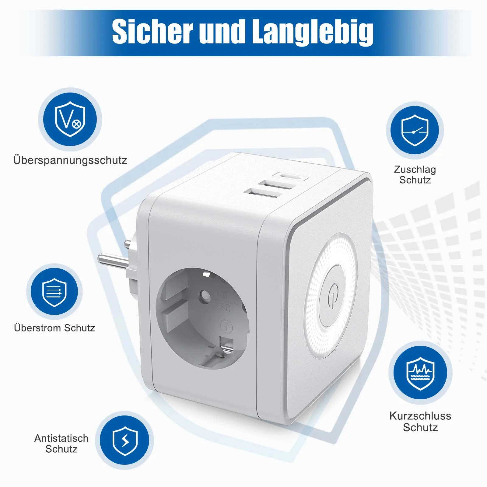 EU Power Strip Cube Multi Plug with 2 USB-A Type C Electrical Outlet Wall Socket with Night Light 3680W for Home Office